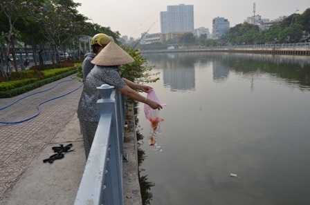 Người dân thả cá chép tiễn ông Táo về trời (Ảnh: Đình Thảo) 