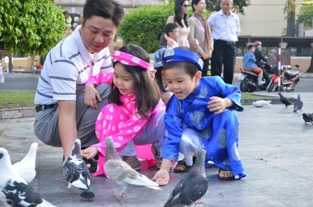 3 bố con cho chim bồ cầu ăn thóc tại Nhà thờ Đức Bà