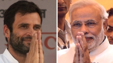 Ông Rahul Gandhi (trái) ứng viên của đảng Quốc đại và Narendra Modi của đảng BJP