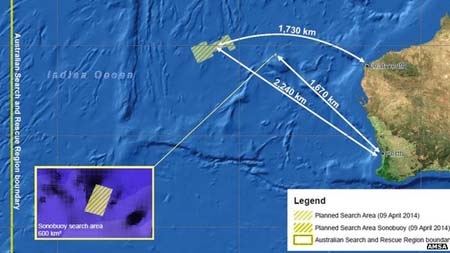 Phát hiện trở lại tín hiệu nghi của hộp đen MH370 - 1 Khu vực tô vàng là vùng dự kiến tìm kiếm trong ngày 9/4
