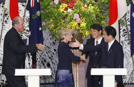 Nhật - Úc bắt tay phát triển công nghệ tàu ngầm tàng hình - 1 Bộ trưởng quốc phòng và ngoại giao hai nước trong buổi họp báo chung