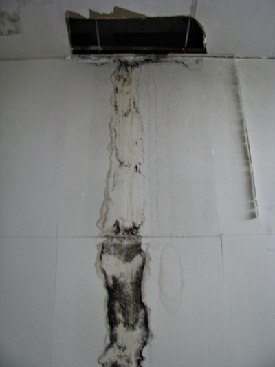 Vết nước mưa từ trên tầng nhà chảy thẳng xuống nền in dấu trên tường gây mất mỹ quan