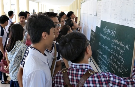 Thí sinh dò sơ đồ phòng thi và đọc những điều đặc biệt lưu ý trong buổi làm thủ tục, học quy chế.