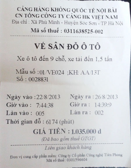 Cục phó Hàng không cũng “giật mình” với giá gửi xe sân bay Nội Bài - 1 Số tiền chị Nhung phải trả cho 4 ngày gửi xe tại sân bay Nội Bài