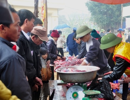 Trâu chọi sau khi kết thúc trận đấu sẽ được thịt để bán cho khách thập phương