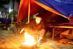 Tents put up on Hanoi streets to sell Tet bonsai trees