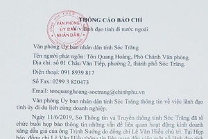 Sóc Trăng thông tin chính thức việc cán bộ đi nước ngoài bằng tiền doanh nghiệp